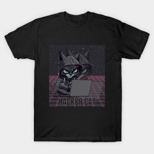 Hacker Cat. Mysterious looking Hacker Cat. Cool futuristic design with holographic shadow effect T-Shirt